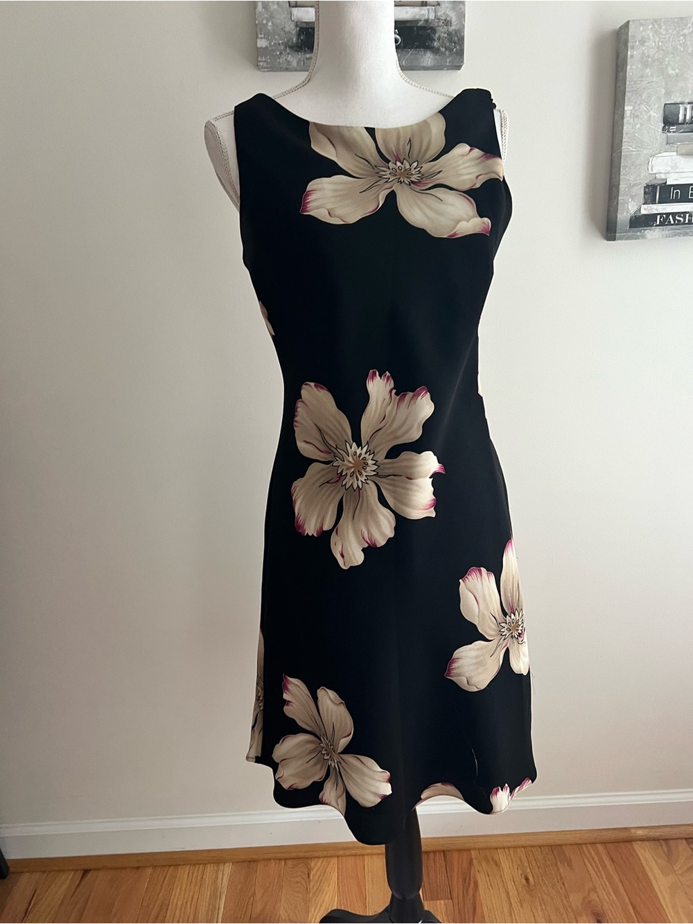 dressbarn Black Sleeveless Floral A-Line Dress with Cream Blooms